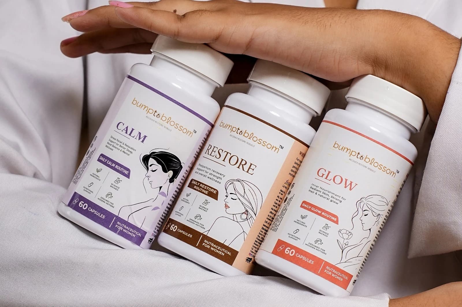 Bump to Blossom Calm, Restore, and Glow products